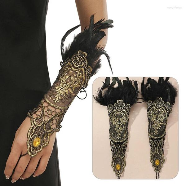 Supplies de fête Gothic Feather Gold Lace Glove Bracelet Bracelet Femmes Sexy Gants sans doigts accessoires Fishnet exagérés