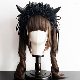 Feestbenodigdheden Gothic Girl Lolita KC Multicolor Devil Horns Hair Band Damescosplay Multilayer Layer Lace Headband Accessories Halloween