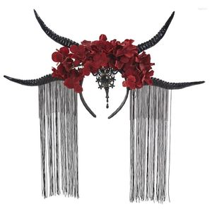 Fournitures de fête gothique Vintage Halloween sorcière noir Long bandeau en corne de bœuf Cosplay démon maléfique glands fleur cheveux cerceau coiffure