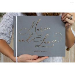 Livre d'or de mariage gris, fournitures de fête, feuille d'or véritable horizontale avec noms de calligraphie, stand Po instantané à couverture rigide