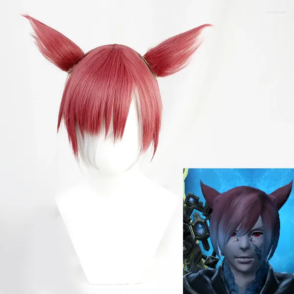 Fournitures de fête Gurahatia FF14 XIV Remake The Crystal Exarch Rouge Argent Gris Avec Oreille Cosplay Résistant À La Chaleur Synthétique Cheveux Halloween Perruque Cap