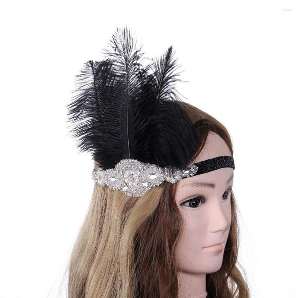 Articles de fête Accessoires pour cheveux Noir Strass Perlé Bande De Paillettes Années 1920 Vintage Gatsby Casque Femmes Flapper Plume Bandeau