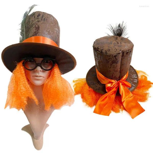 Masque de boule d'Halloween, fournitures de fête, couvre-chef, plume de paon, perruque Orange, chapeau de magicien