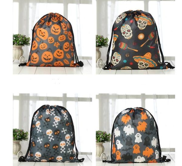 Suministros para fiestas Bolsa de regalo de dulces de Halloween Paquete de bolsillo Calabaza Calavera Impresión Mochila con cordón Mochila con cordón Mochilas de varios estilos RRB15594