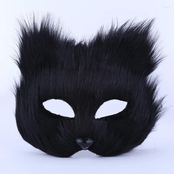 Suministros para fiestas, máscaras de Halloween, Cosplay de animales, máscara de media cara blanca y negra peluda, accesorios para disfraces de Carnaval de Navidad