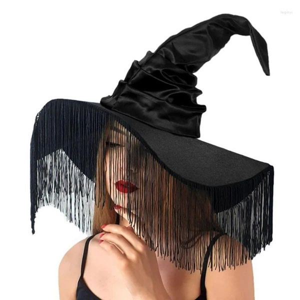 Suministros para fiestas, gorro de bruja plisado para Halloween, sombrero de bruja negro Vintage con ala grande, gorro para disfraz de mujer, tocado