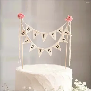 Fournitures de fête Joyeux anniversaire Butin Topper Garland Flags de fanion faits à la main avec ivoire en bois (avec rose rose)