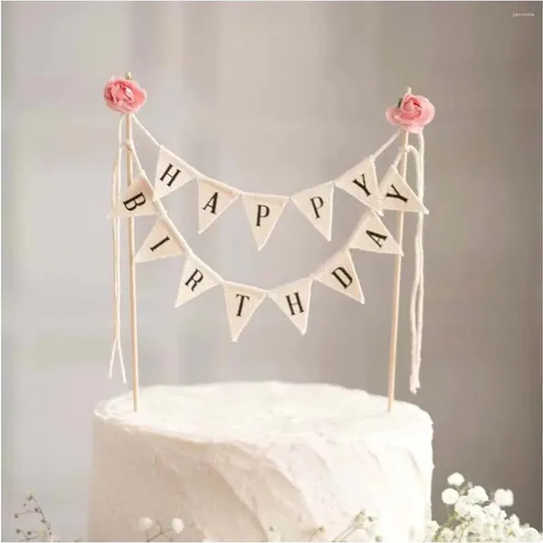 Suministros de fiesta Happy Birthday Cake Bunting Garland Garland Flaros de banderín hechos a mano con madera de marfil (con rosa rosa)