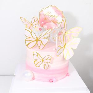 Suministros de fiesta, decoración para tarta de feliz cumpleaños, cartón, Baby Shower, hecho a mano, pintado, rosa, púrpura, mariposa, boda