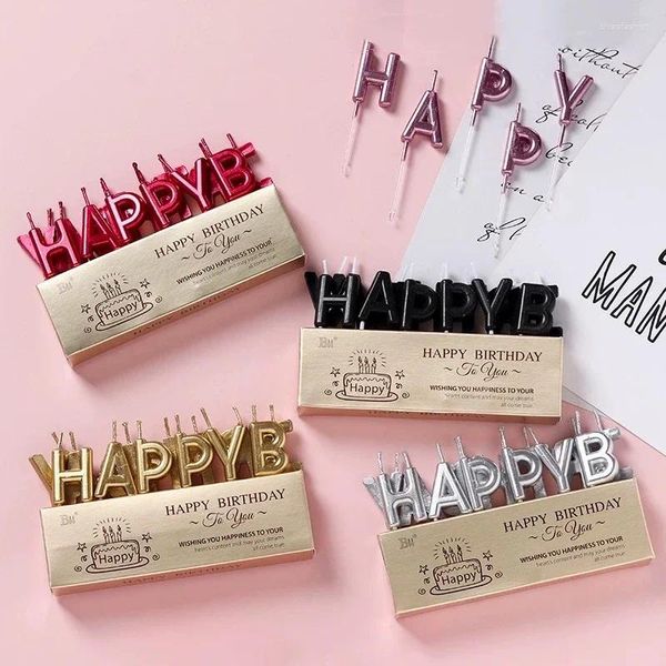 Bougies avec lettres dorées pour joyeux anniversaire, fournitures de fête, bougies d'anniversaire en argent