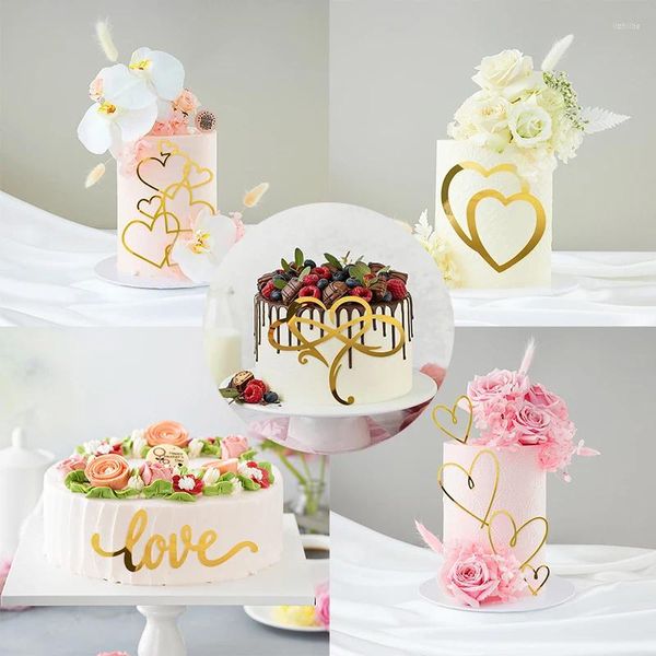 Fournitures de fête coeurs amour gâteau de mariage Topper minimaliste or argent coeur décoration saint valentin Dessert