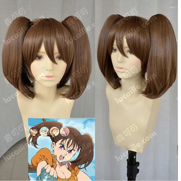 Fournitures de fête de haute qualité Anime les sept péchés capitaux Diane Cosplay perruques courtes marron Double queue de cheval cheveux perruque casquette