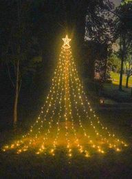 Feestbenodigdheden LED Pentagram Waterval Licht Kerstmis Hangende boomlicht stromend water Outdoor Garden afstandsbediening Solar Lights1288978