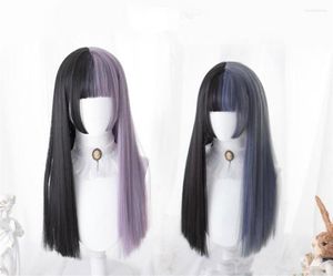 Fournitures de fête Lolita 60CM longue frange droite mixte noir demi Ombre mignon japonais Halloween synthétique Cosplay perruque D110