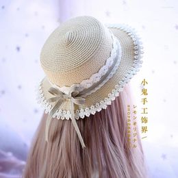 Feestbenodigdheden lolita dagelijkse kanten plaid straw hoed zoete Japanse jurk mori pastoraal zacht meisje platte top volwassen koepel koepel stevige unisex reizen