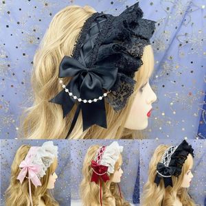 Feestbenodigdheden lolita zoete kanten bloem kwastjes brede haar hoepel lint boog haarband met haarspelden gegolfde hoofdband accessoires