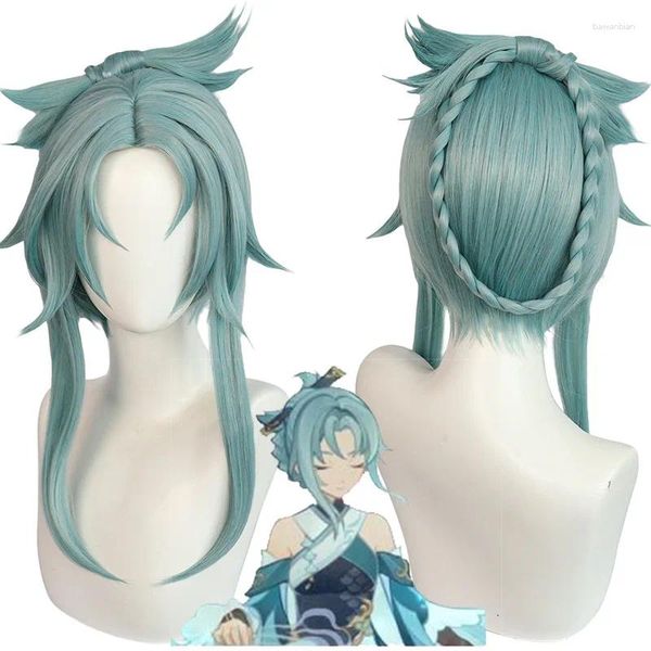 Suministros para fiestas Madame Ping Cosplay peluca juego Genshin Impact 50 cm de largo gris verde Anime pelucas sintéticas resistentes al calor gorro de Halloween