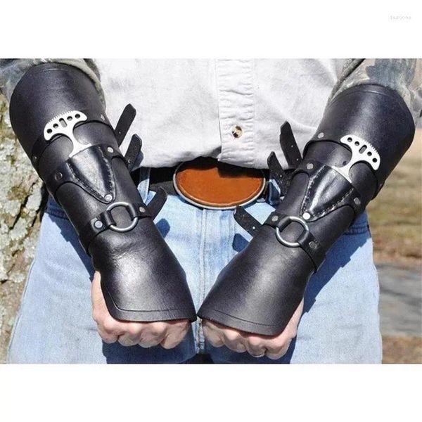 Suministros para fiestas Medieval Steampunk PU Guantelete de cuero Protectores de brazo Guerrero vikingo Caballero Guantes largos Pulsera Brazalete Armadura Gladiador Cosplay