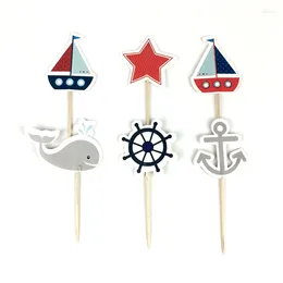 Fournitures de fête Mediterranean Shineor Ship Anchor Cake Topper Flags For Kids Birthday Decorations 24pcs