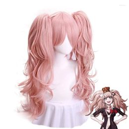 Fournitures de fête Morematch Enoshima Junko Cosplay perruque rose longue ondulée et pince en queue de cheval coiffure résistante à la chaleur