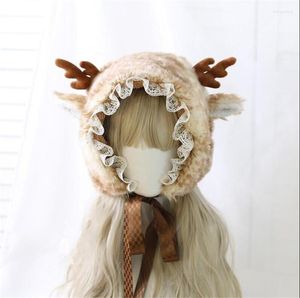 Articles de fête Mori Girl Garniture en dentelle en peluche à lacets Protection des oreilles Chapeau Noël Hiver Antler Deer Impression Elk Earmuffs Cap B1686
