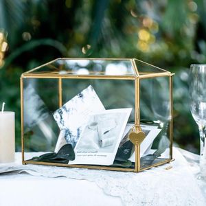 Suministros para fiestas Caja para tarjetas de boda de cristal NCYP con ranura y cerradura para recepción, soporte para poste hecho a mano, sobre con letras de recuerdo geométrico