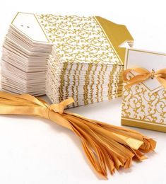 Fourniture de fête Nouveau 10pcs Creative Golden Silver Ribbon Wedding Favors Party Gift Candy Paper Box Cookie Candy Gift Sacs Événement PA8146968