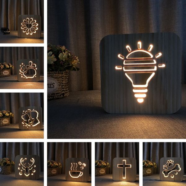 Fournitures de fête Veilleuses LED Veilleuse En Bois Massif Sculpture En Bois Art Découpé Lampe de Table pour Chambre Chevet Lampe Décorative LT814