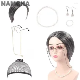 Party Supplies Old Lady Costume Props Outfits Granny Silver White Hair Wig Glazen ketting oorbellen armband man 7-delige set