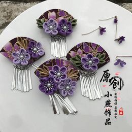 Fournitures de fête Ornement de cheveux en éventail original Épingle à cheveux de style japonais Léguer Hanfu Kimono Pographie Couvre-chef Costume violet Coiffure Zaiku