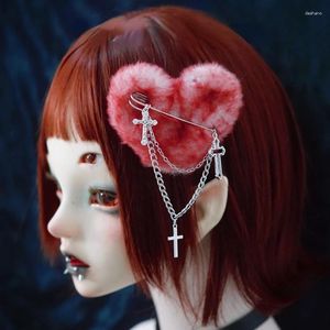 Fournions de fête Original Gothic Lolita Plux Headwear Girls Y2k Red Faux Fur Heart Hairpin Metal Chain Cross Coiffre Punk Accessoires