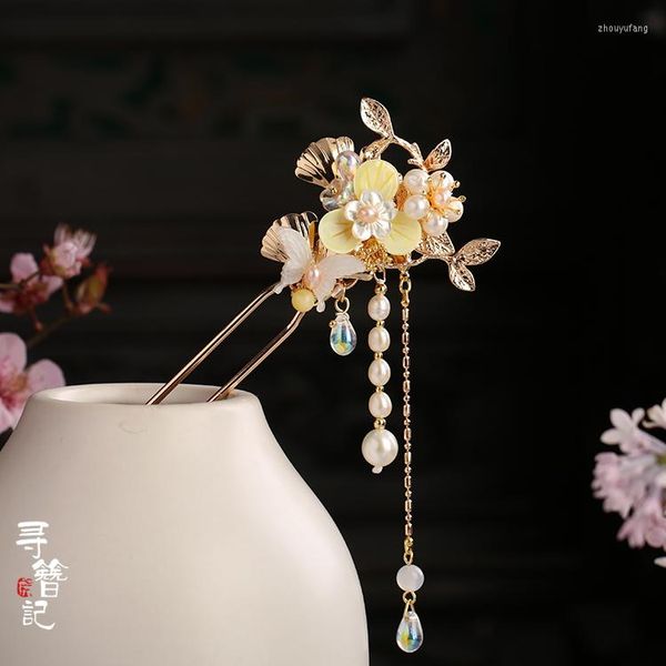 Fournitures de fête Original fait à la main Hanfu Kanzashi ornements de cheveux coquille jaune fleur Ginkgo perle gland accessoires bâton coiffure