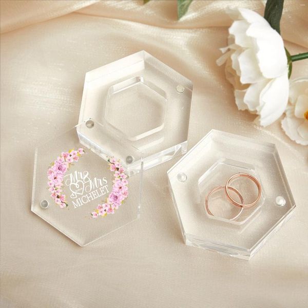 Boîte à bagues hexagonale transparente en acrylique, fournitures de fête personnalisées, support de proposition de mariage, cadeaux de porteur personnalisés