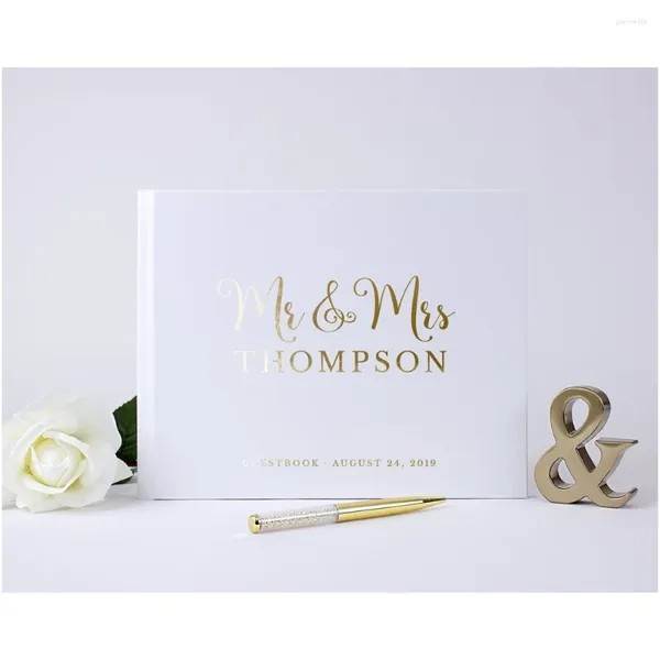 Suministros para fiestas, libro de visitas de boda elegante personalizado con firma dorada, registro artesanal blanco