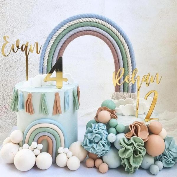 Fournitures de fête personnalisé nom anniversaire gâteau Topper personnalisé âge Unique miroir or acrylique décor en bois pour