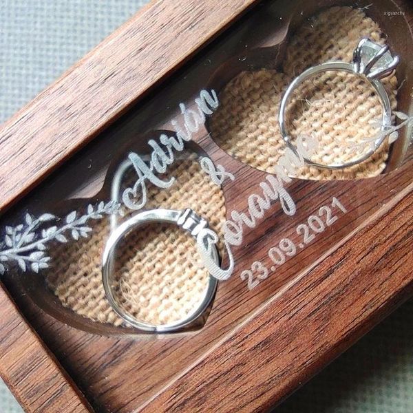 Fournitures de fête boîte à bagues de mariage personnalisée en bois porteur oreiller toile de jute cadeau rustique porte-bijoux personnalisé