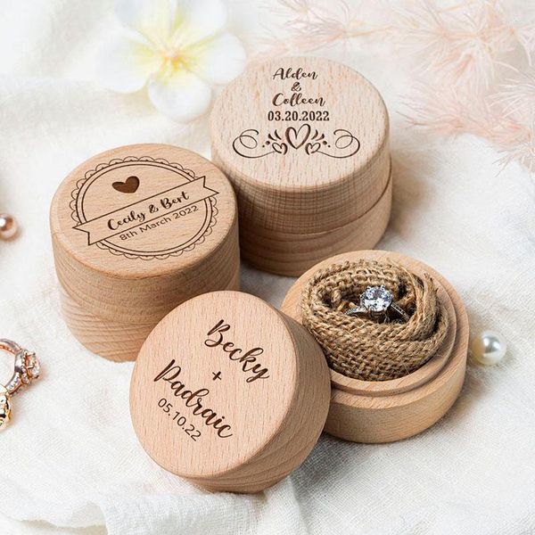 Suministros para fiestas Caja de anillo de madera de boda personalizada Soporte personalizado Sus nombres y fecha Cajas de portador rústicas Recuerdo Regalo de compromiso