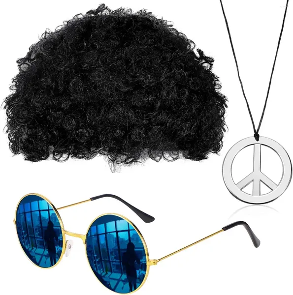 Suministros de fiestas Pesenar Hippie Disfray Set Funky Afro Wig Gafas de sol Collar de signo de paz para el tema de 50/60/70