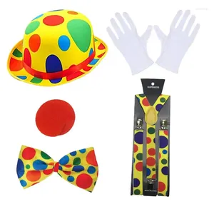 Party Supplies Pesenar De 5-delige clown-kostuumset omvat een Halloween-rollenspel Red Nose Bow Tie hoed accessoire