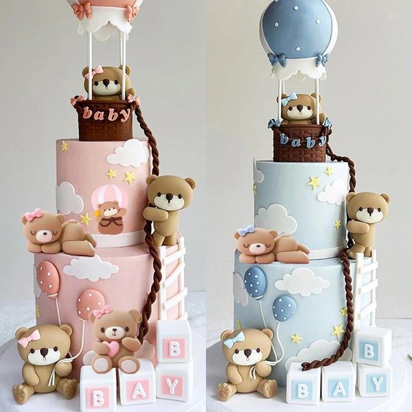 Fournitures de fête, décorations de gâteau ours bleu rose, Mini figurines pour fête prénatale, garçon et fille, premier anniversaire d'enfants