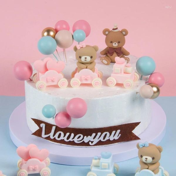 Décoration de gâteau ours en peluche rose bleu, fournitures de fête, décoration de poupée de Train, décor à thème Cupcake pour bébé garçon et fille, 1er anniversaire