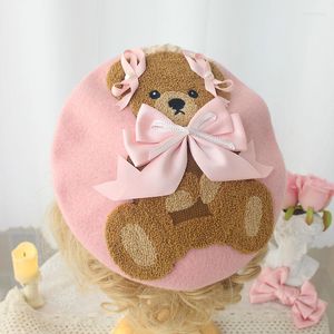 Suministros para fiestas Rosa oso de peluche Bowknot suave hermana dulces galletas sombrero boina pintor de lana primavera otoño horquilla Lolita accesorios para el cabello