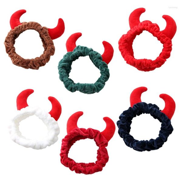 Suministros para fiestas felpa buey rojo diablo demonio cuernos diadema maquillaje ducha lavado cara deporte terciopelo banda para el cabello divertido Festival Bandana gota