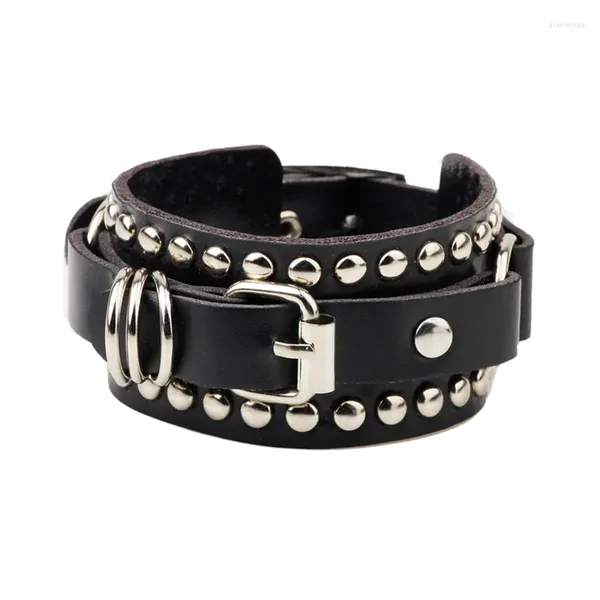 Suministros de fiestas Punk Punk para hombres Mujeres Goth Black Leather Black Welpband con metal Studded Rivets Push Bangle Ajustable