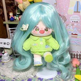 Image réelle de 20 cm de poupée en coton, cheveux verts bouclés, perruques haute température, longue couverture de perruque bouclée pour cosplay de cercle de tête de 33 à 36 cm