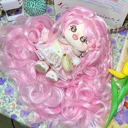 Image réelle de poupée en coton de 20cm, perruque bouclée rose, perruques haute température, longue couverture de perruque bouclée pour cosplay de cercle de tête de 33 à 36cm