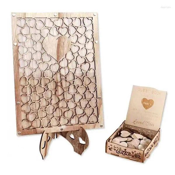 Livre d'or de mariage rustique, fournitures de fête, cadre rectangulaire avec fleurs et pièces de cœur en bois pour anniversaire, remise de diplôme