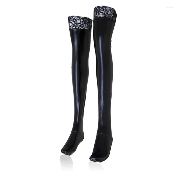 Suministros de fiesta S-2XL Medias de látex sexis de encaje de silicona de talla grande para mujer Medias altas hasta el muslo de piel sintética negras largas para mujer