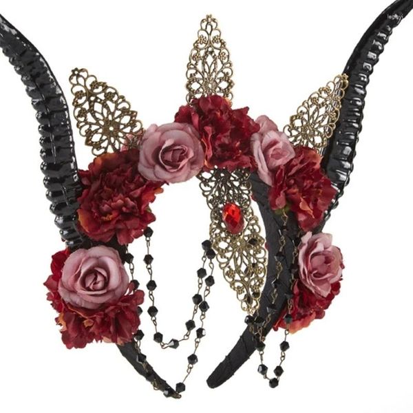 Fournitures de fête corne de mouton Halloween chapeaux décorations de fleurs de Rose bandeau gothique diable accessoire de Cosplay bandeau