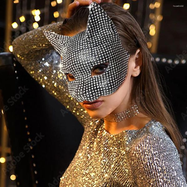 Masque de chat brillant pour femmes, fournitures de fête, visage en cristal, spectacle de danse, accessoires faciaux Sexy, Masque DJ scène Cosplay